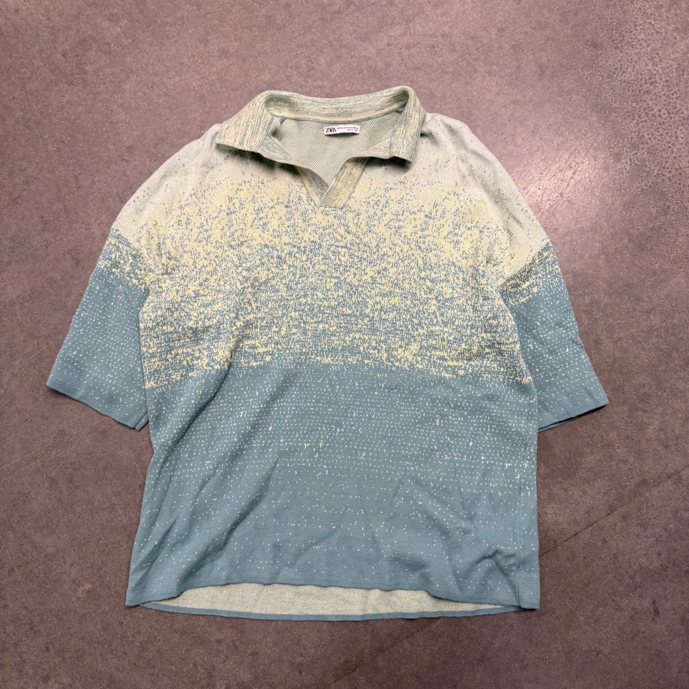 Zara Mens Ombre‎ Knit Polo Shirt Blue Yellow Short Sleeve Textured Size S-M
